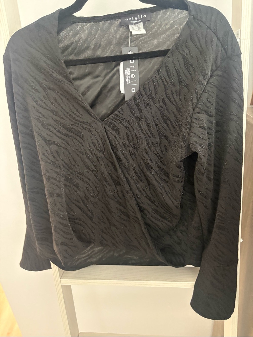 New Ariella Black Faux-Wrap Textured Long Sleeve Blouse